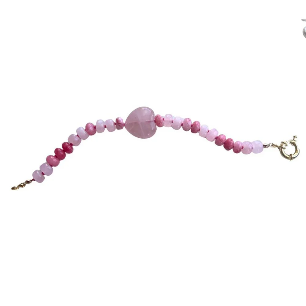 Pink Jade  Rose Quartz Heart Gemstone Bracelet Handcrafted Gold Filled Clasp